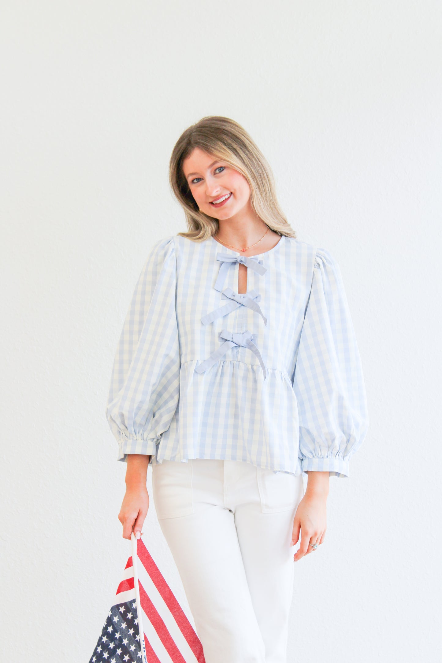 American Honey Blue Checkered Bow Top