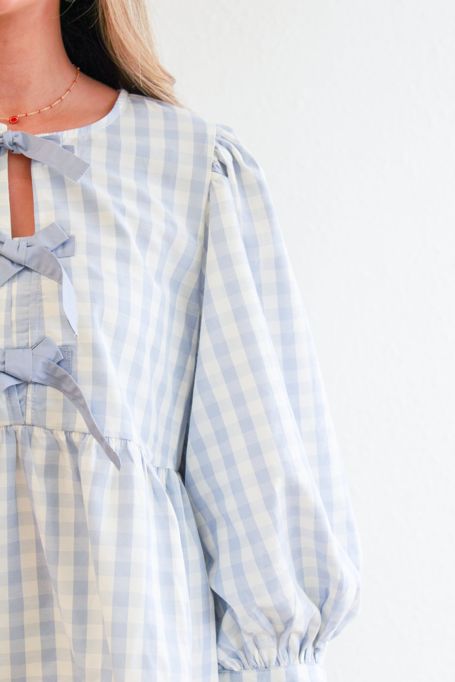 American Honey Blue Checkered Bow Top