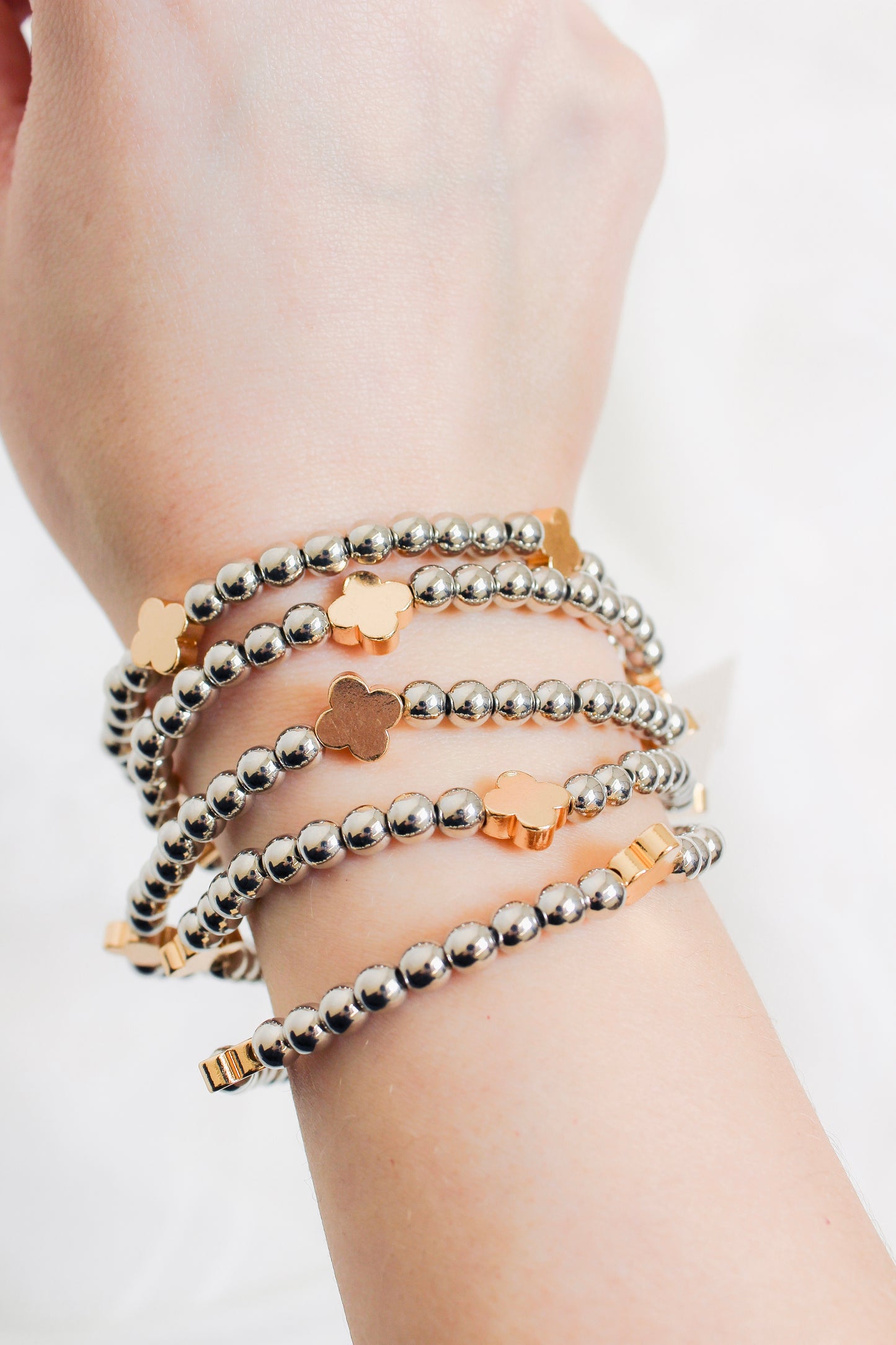 Clover Silver and Gold Mix Beaded Bracelet Set