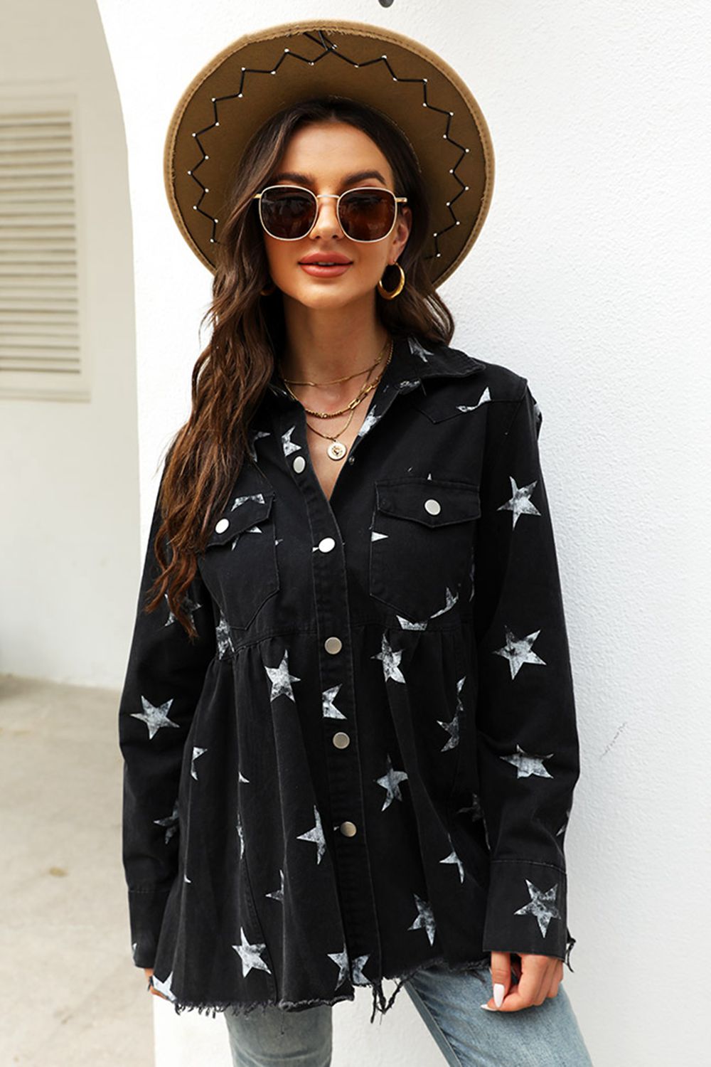 Star print outlet denim jacket