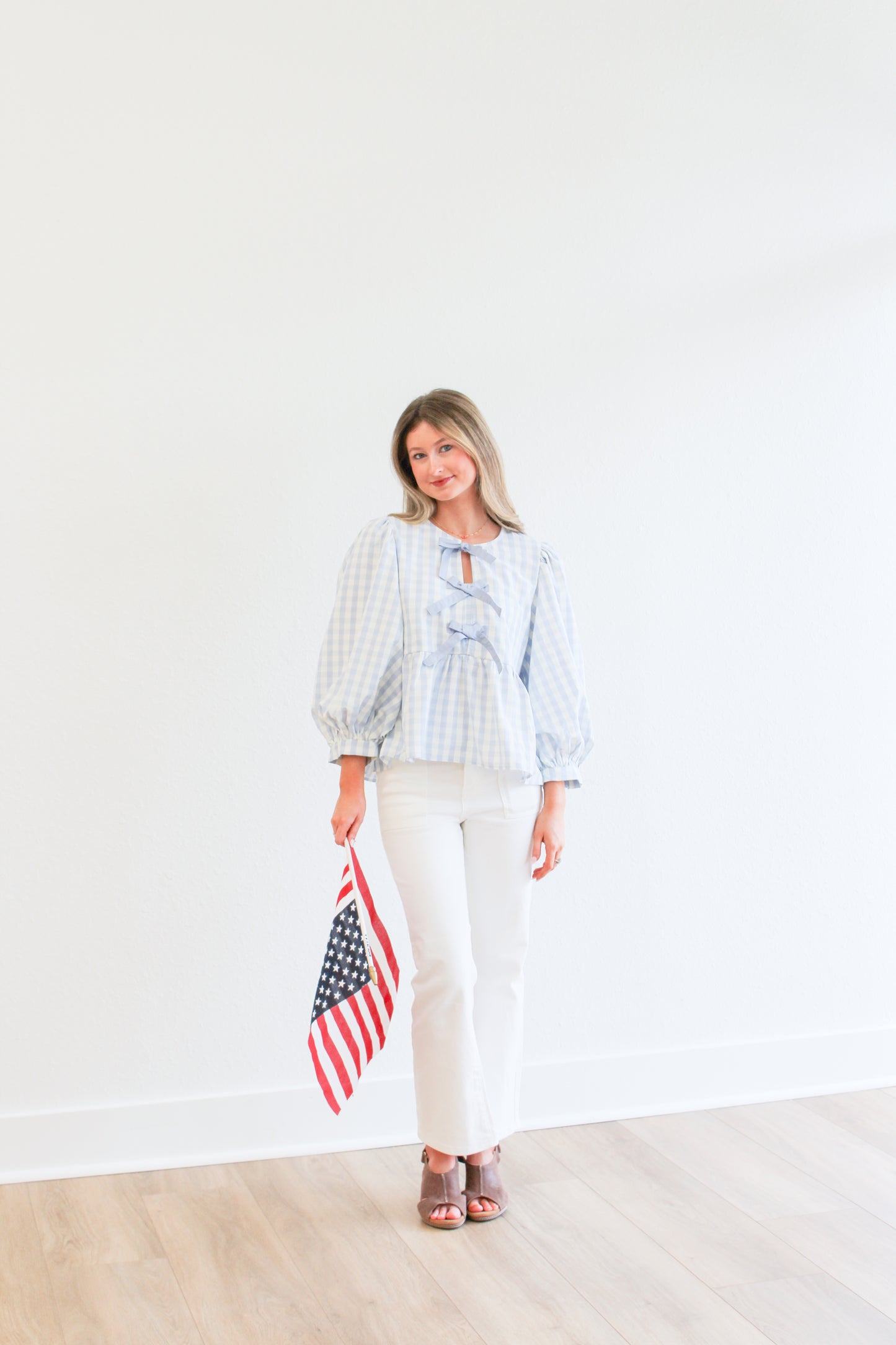 American Honey Blue Checkered Bow Top