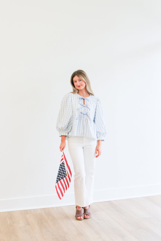 American Honey Blue Checkered Bow Top