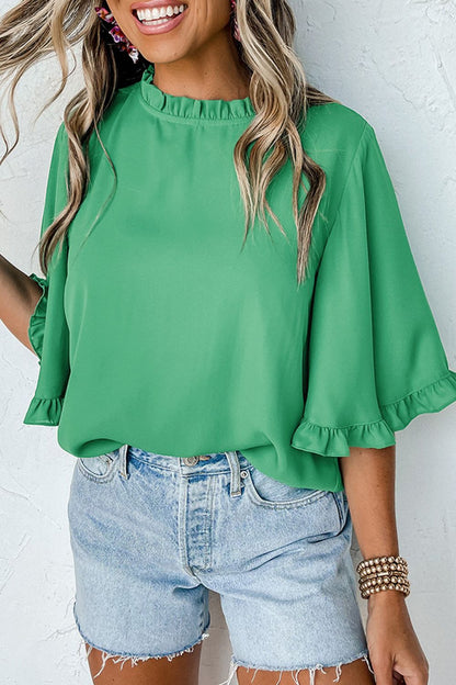 Frill Round Neck Wide Half Sleeve Blouse