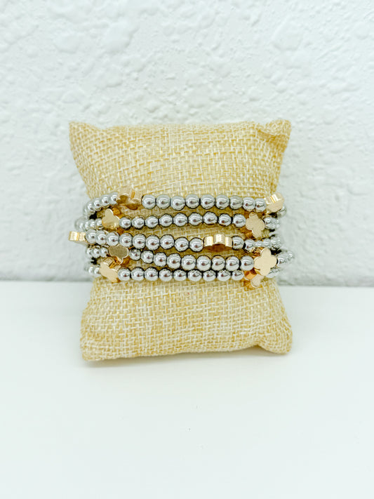 Clover Silver and Gold Mix Beaded Bracelet Set