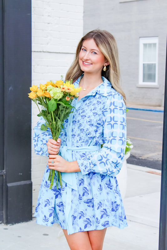 Full Bloom Blue Abstract Long Sleeve Dress