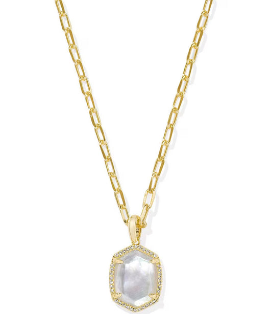 Daphne Gold Pave Frame Short Pendant Necklace in Iridescent Ivory Illusion