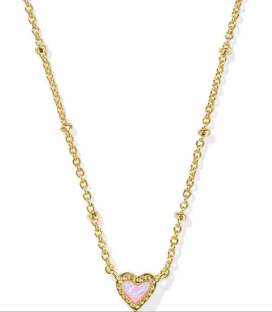 Mini Ari Heart Satellite Short Pendant Necklace in Gold/Bubblegum Pink Kyocera Opal