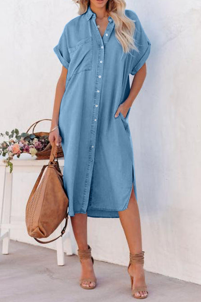 Slit Button Up Short Sleeve Denim Dress