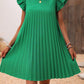 Pleated Round Neck Cap Sleeve Mini Dress