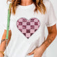 Sequin Checkered Heart Round Neck Short Sleeve T-Shirt