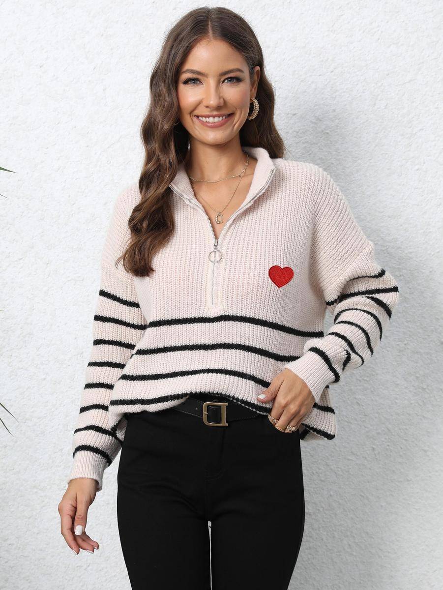 Heart Striped Zipper Collared Neck Knit Sweater