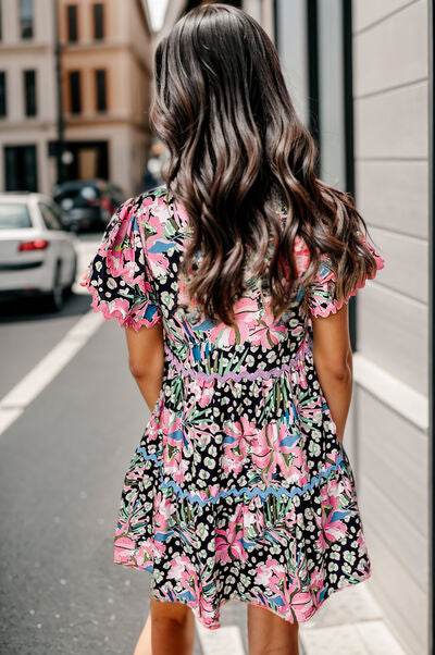 Printed Ruffle Hem Short Sleeve Mini Dress