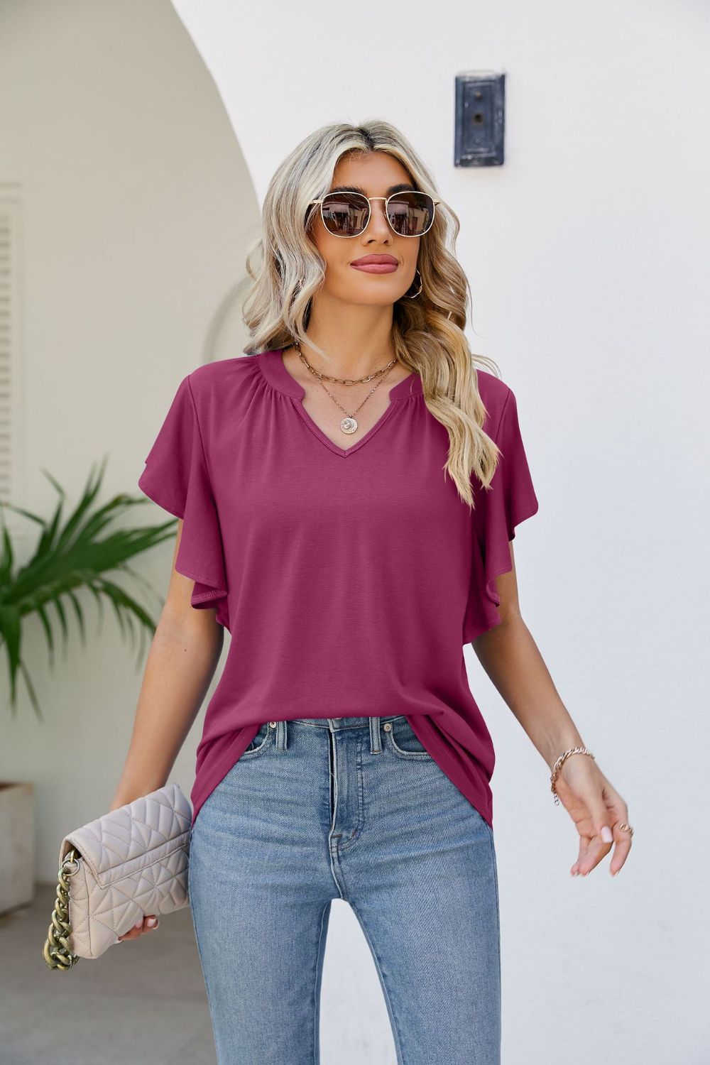 Notched Neck Flutter Sleeve Tee