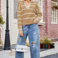Striped Dropped Shoulder Notched Neck Knit Top