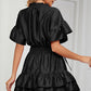 Smocked Tie Neck Flounce Sleeve Dress