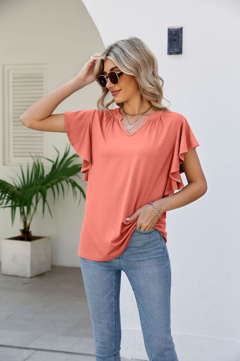 Notched Neck Flutter Sleeve Tee