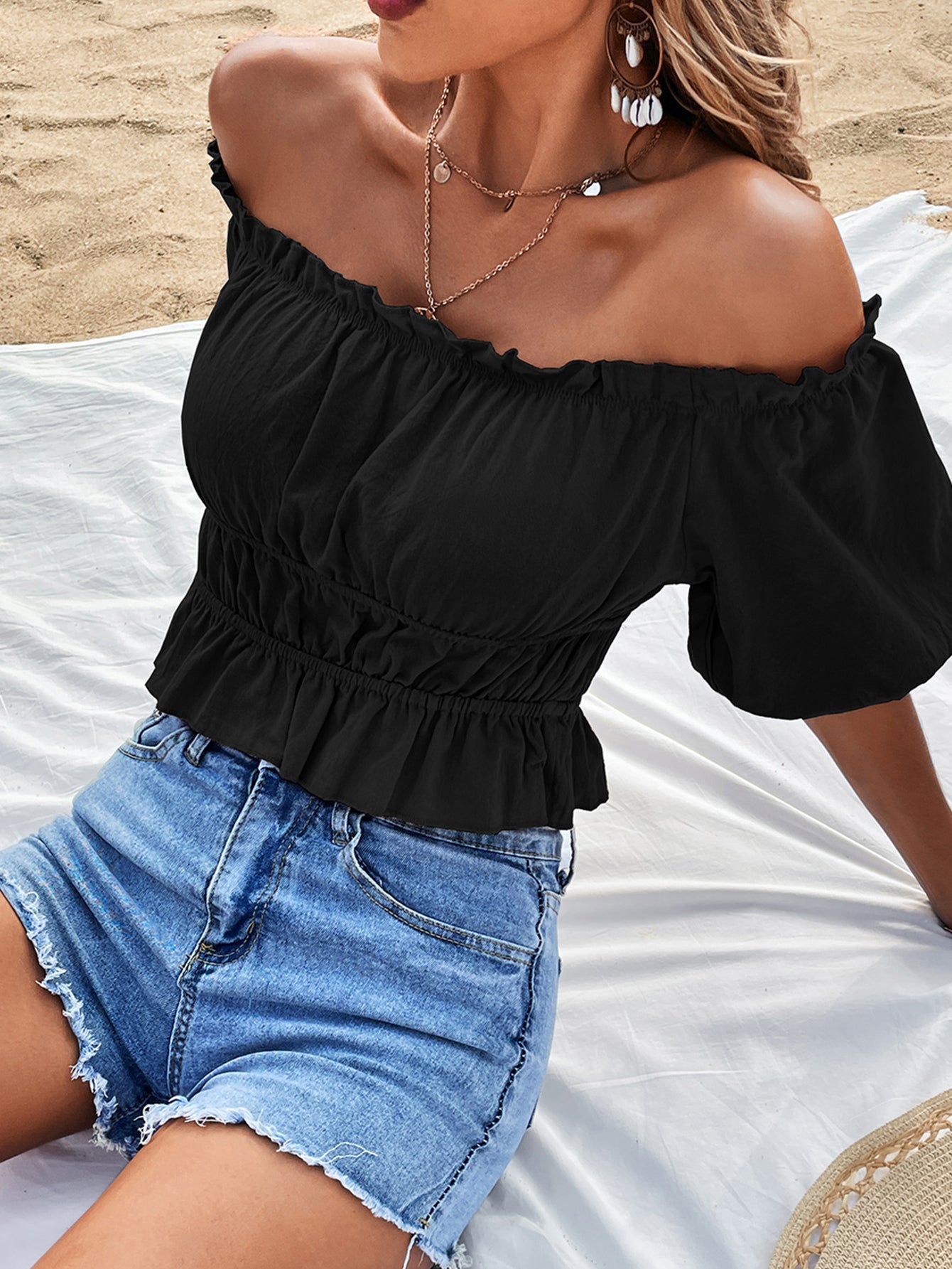 Off-Shoulder Frill Trim Peplum Top