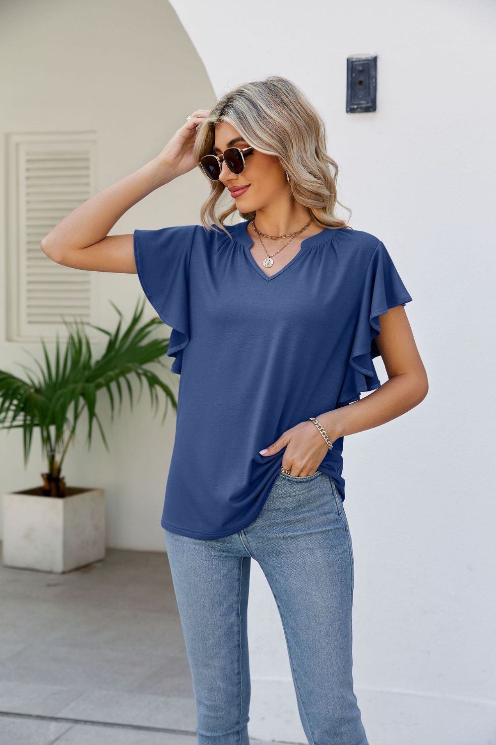 Notched Neck Flutter Sleeve Tee