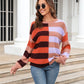 Round Neck Long Sleeve Color Block Dropped Shoulder Pullover Sweater