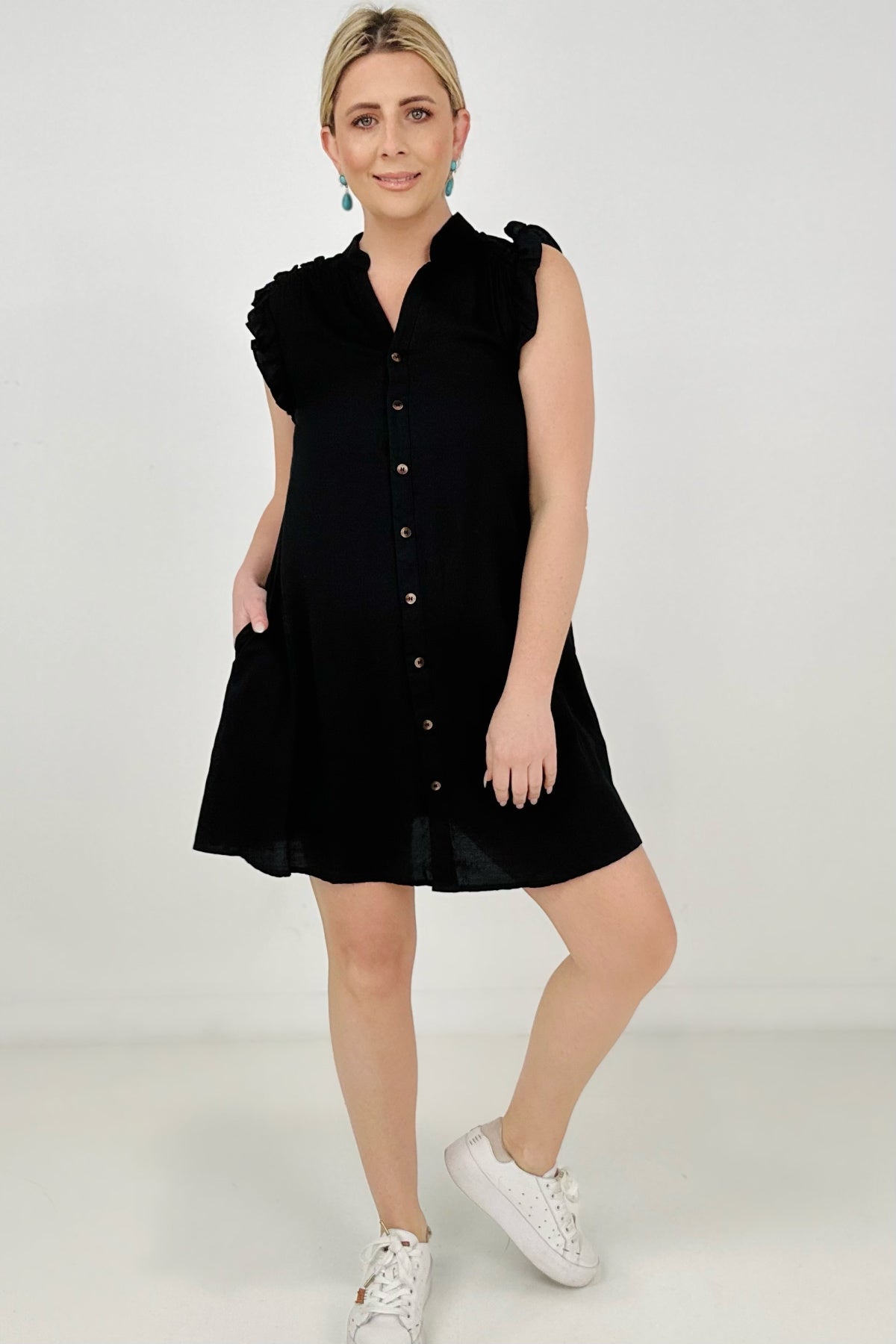 Cozy Co Refreshing V-Neck Button Down Mini Dress with Ruffle Sleeves