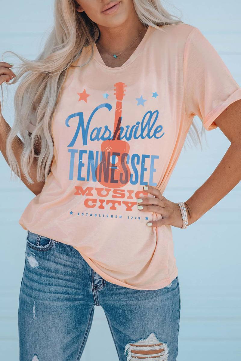 Nashville Tennessee Guitar Graphic Print Crewneck Top