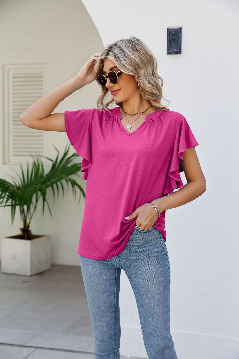 Notched Neck Flutter Sleeve Tee