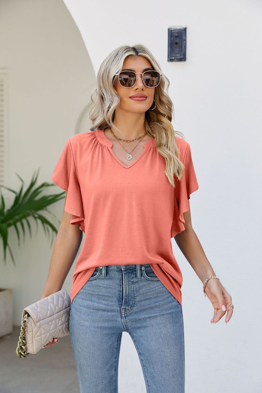 Notched Neck Flutter Sleeve Tee