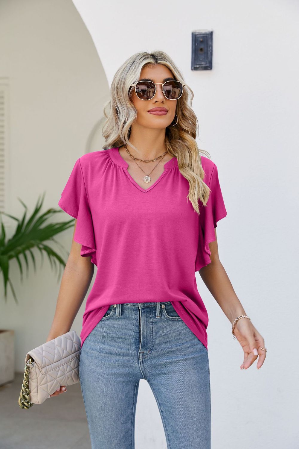 Notched Neck Flutter Sleeve Tee