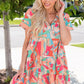 Multicolored Tie Neck Short Sleeve Tiered Dress