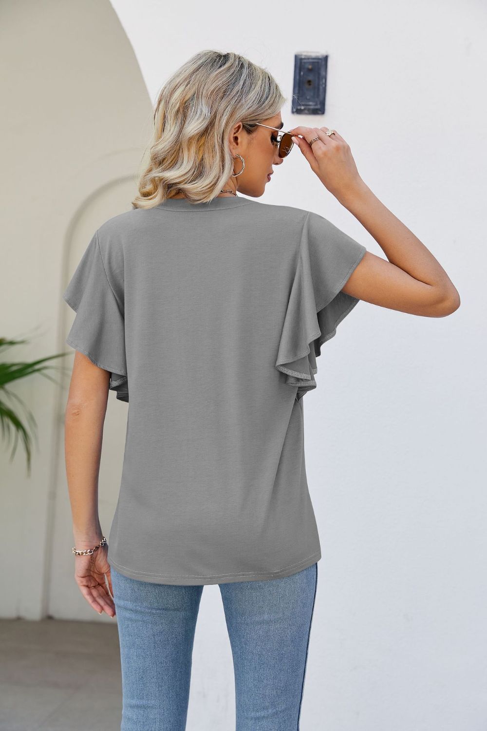 Notched Neck Flutter Sleeve Tee