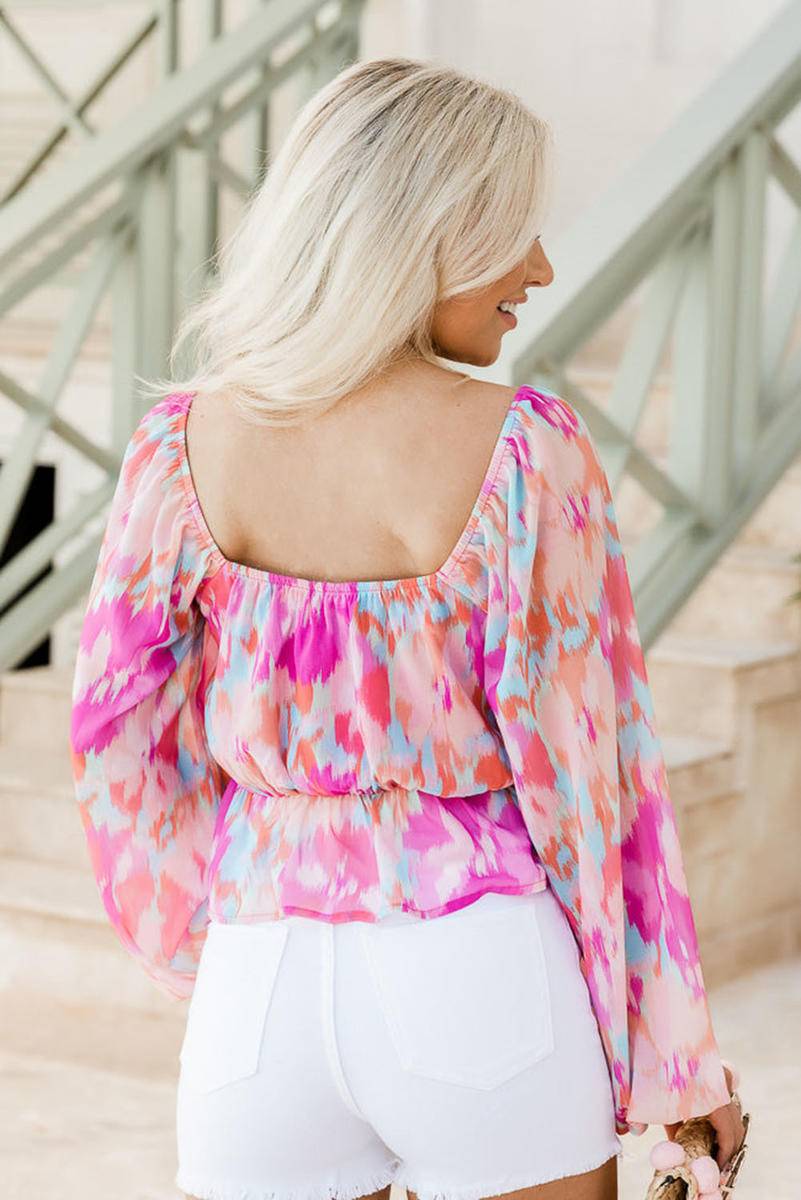 Abstract Print Ruched Long Sleeve Blouse