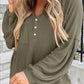 Puff Sleeve Side Slit Buttoned Waffle Knit Hoodie