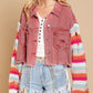 Distressed Striped Long Sleeve Denim Jacket