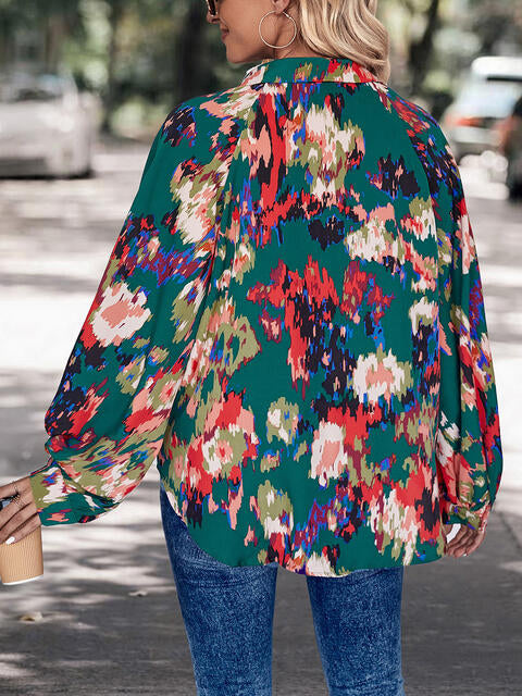 Printed Johnny Collar Long Sleeve Blouse