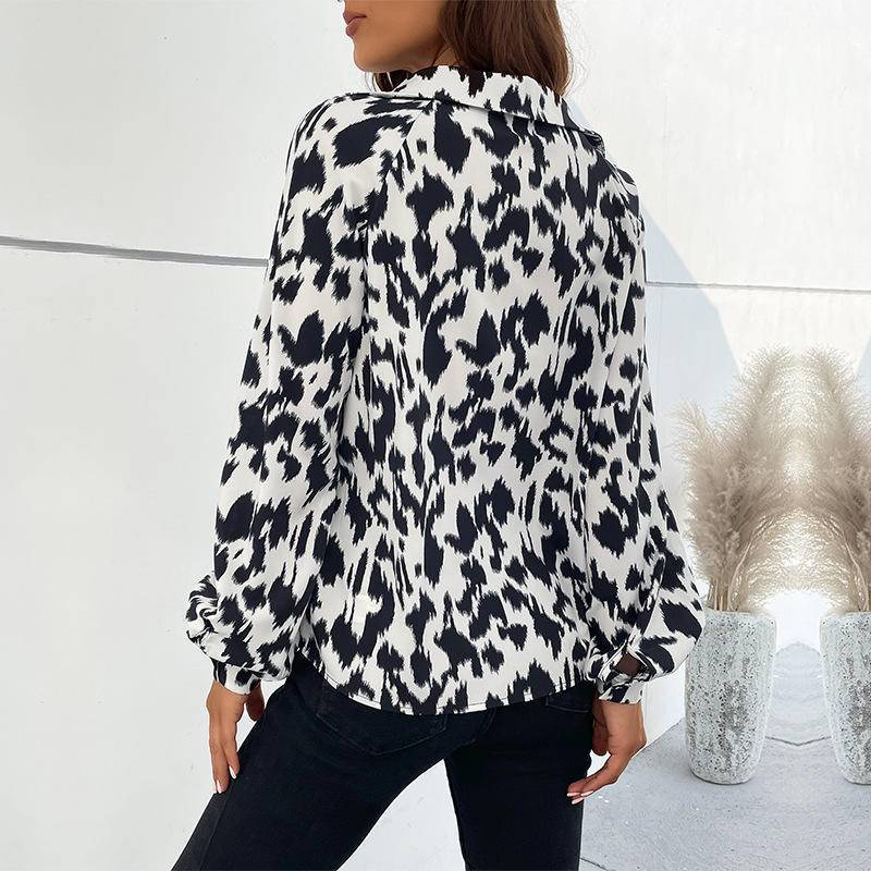 Button Leopard Collared Neck Long Sleeve Blouse