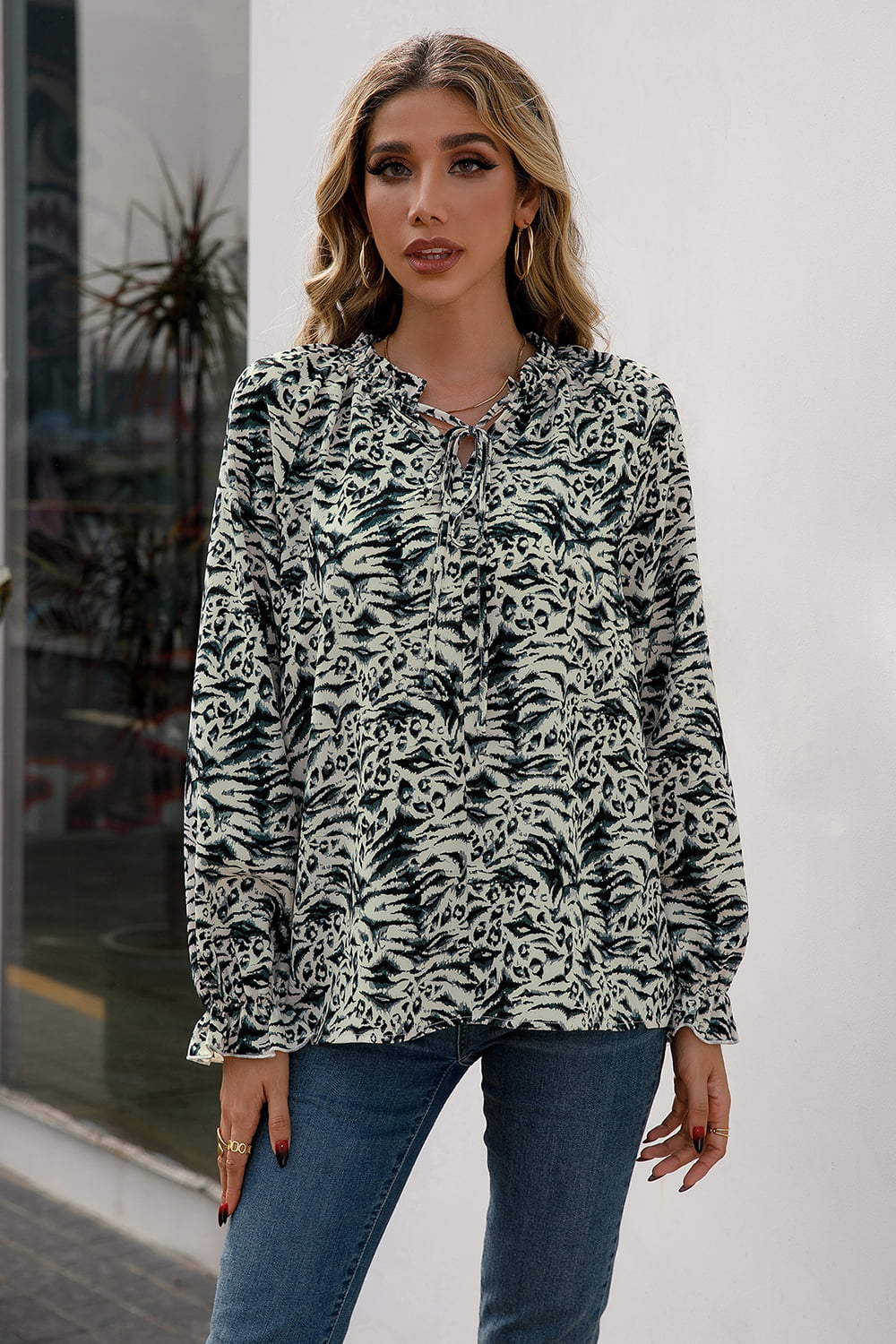 Printed Tie Neck Frill Trim Flounce Sleeve Blouse