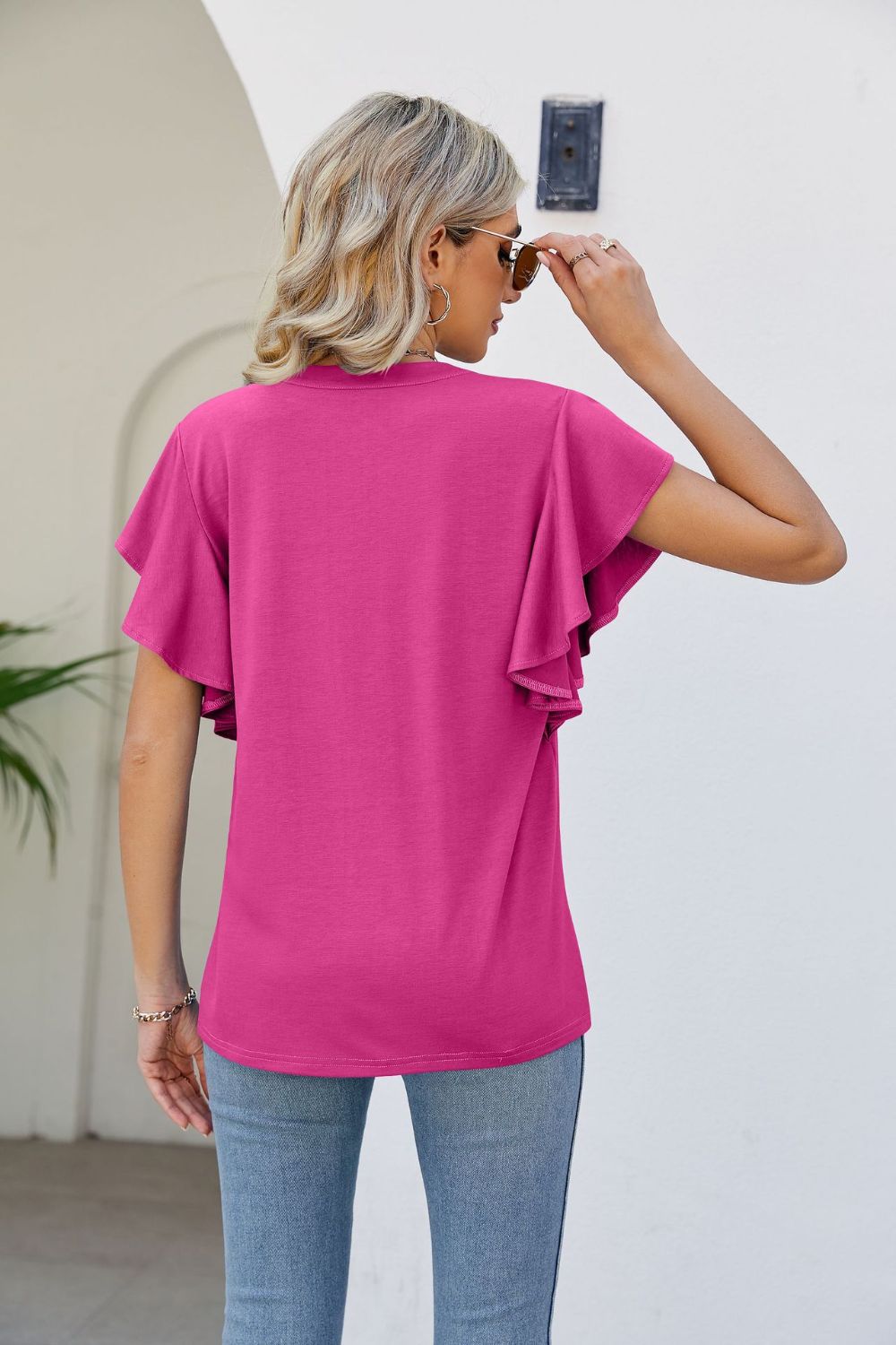 Notched Neck Flutter Sleeve Tee