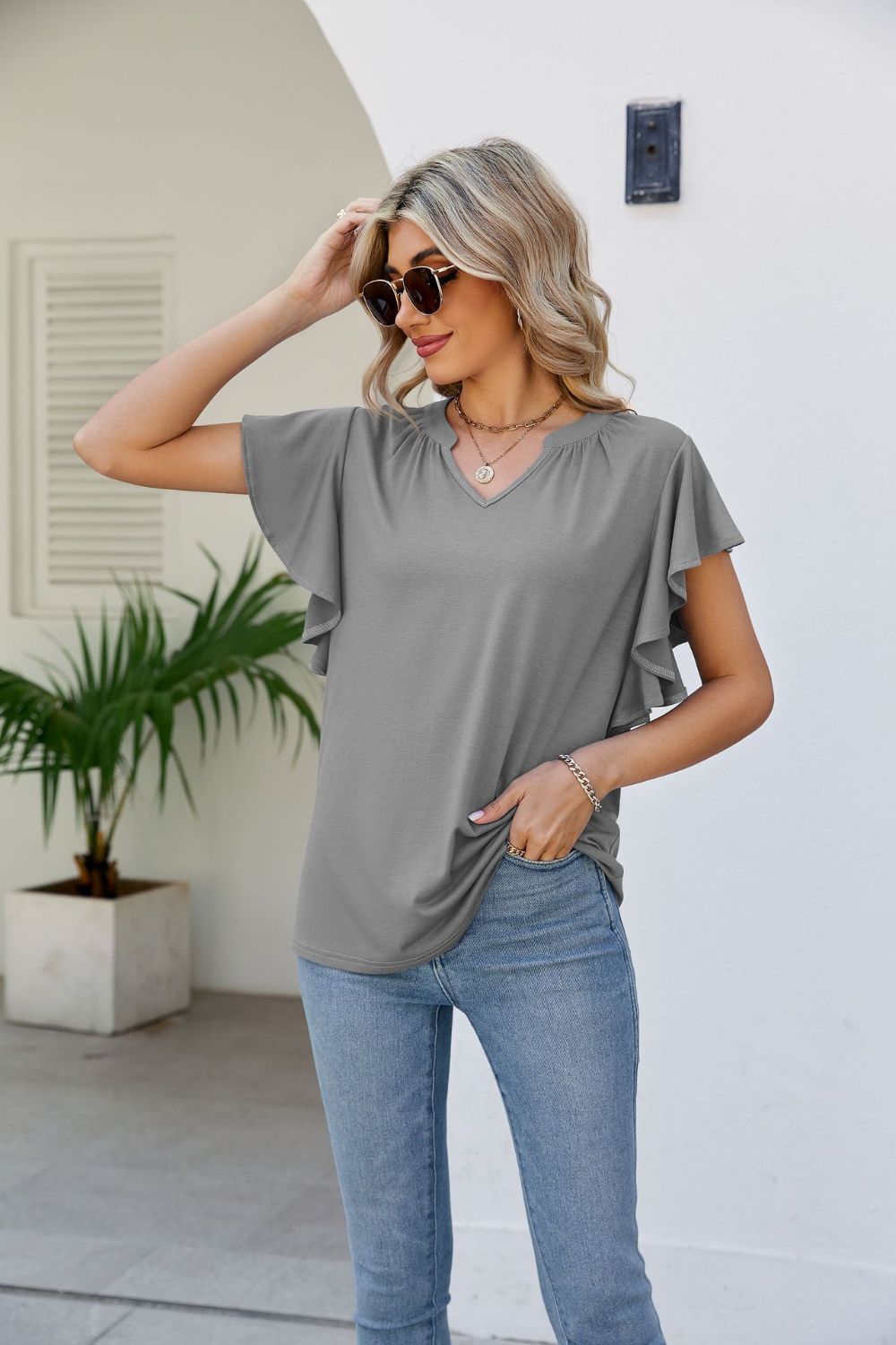 Notched Neck Flutter Sleeve Tee