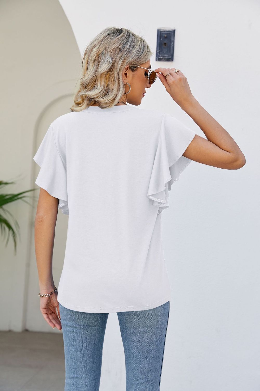 Notched Neck Flutter Sleeve Tee