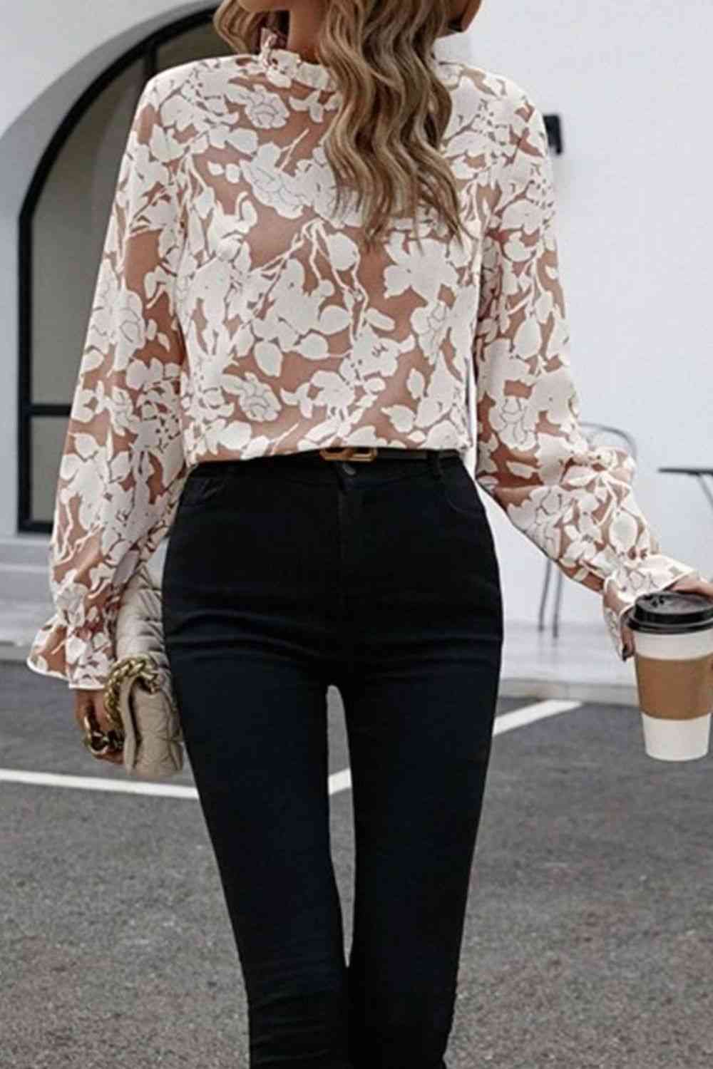 Floral Print Mock Neck Flounce Sleeve Blouse