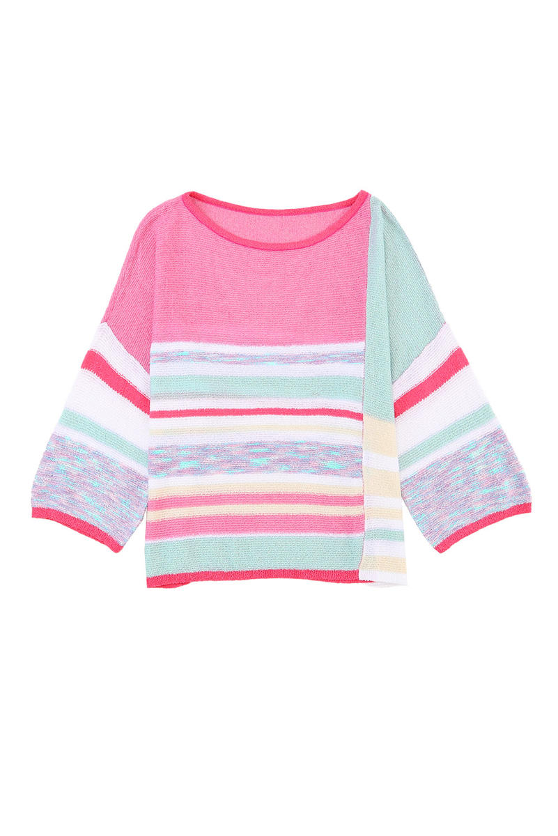Color Block Striped Three-Quarter Sleeve Knitted Top