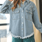 Collared Neck Raw Hem Dropped Shoulder Denim Jacket