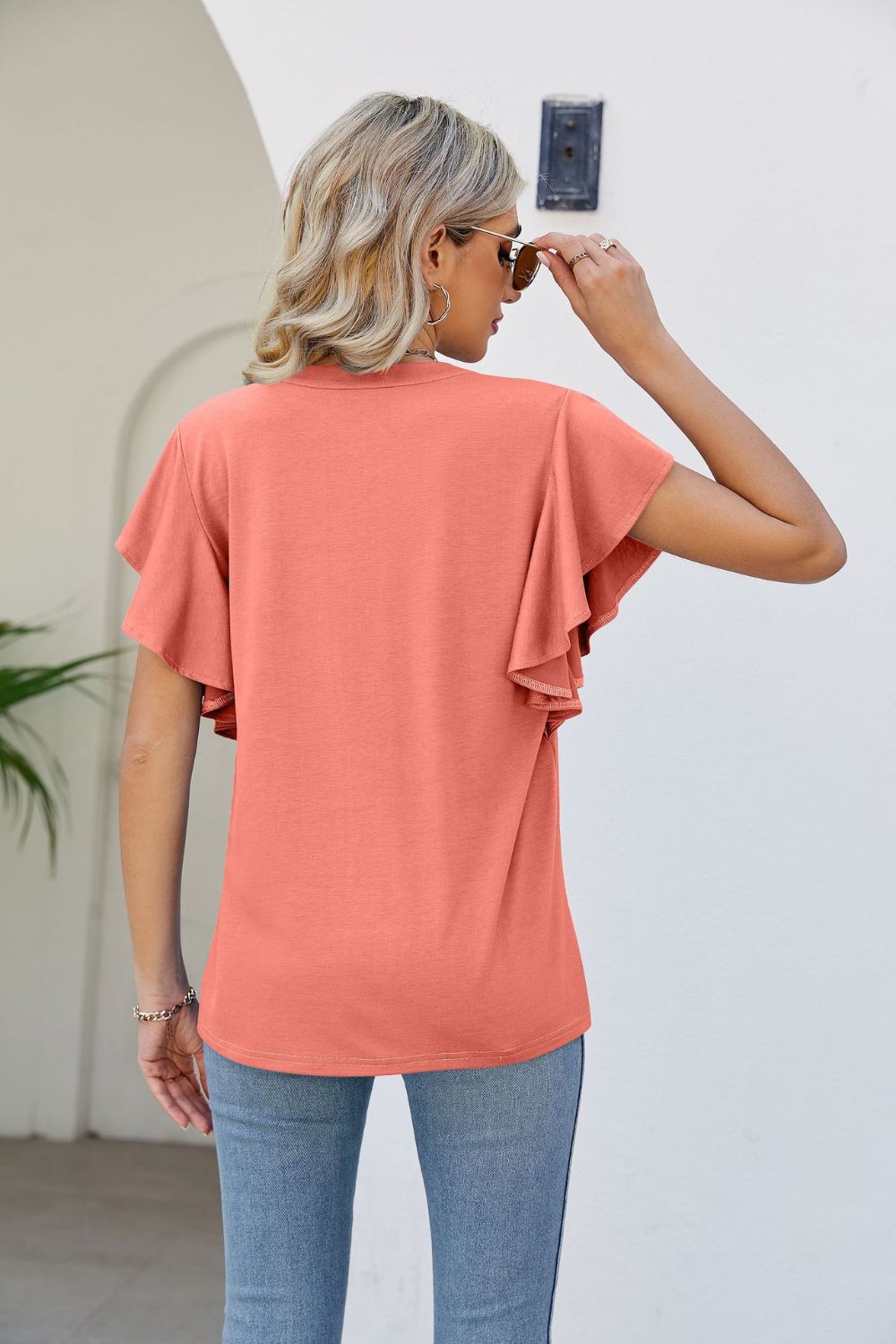 Notched Neck Flutter Sleeve Tee