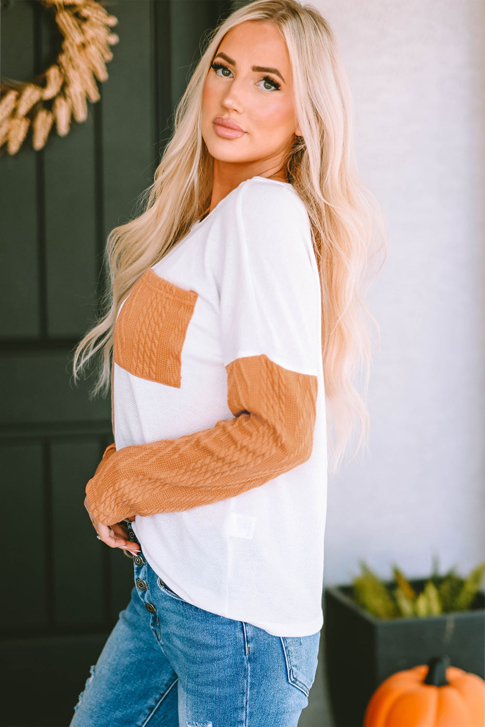 Full Size Color Block Cable-Knit Sweater