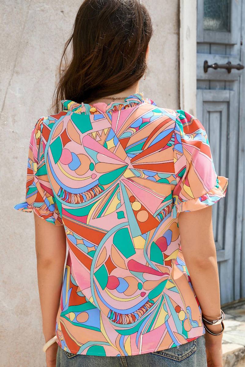 Abstract Geometry Print Frilled V Neck Blouse