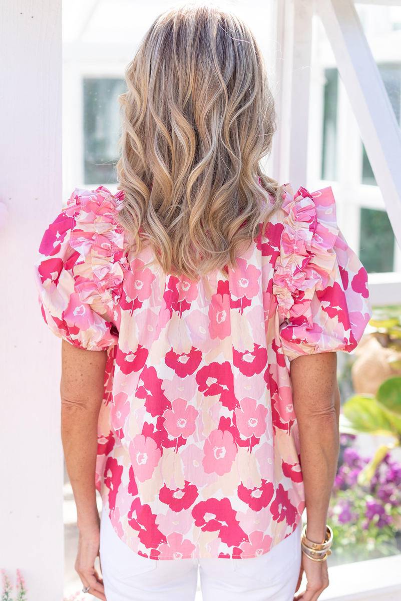 Notched Neck Ruffled Puff Sleeves Floral Top