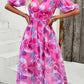 Smocked Printed V-Neck Short Sleeve Dress
