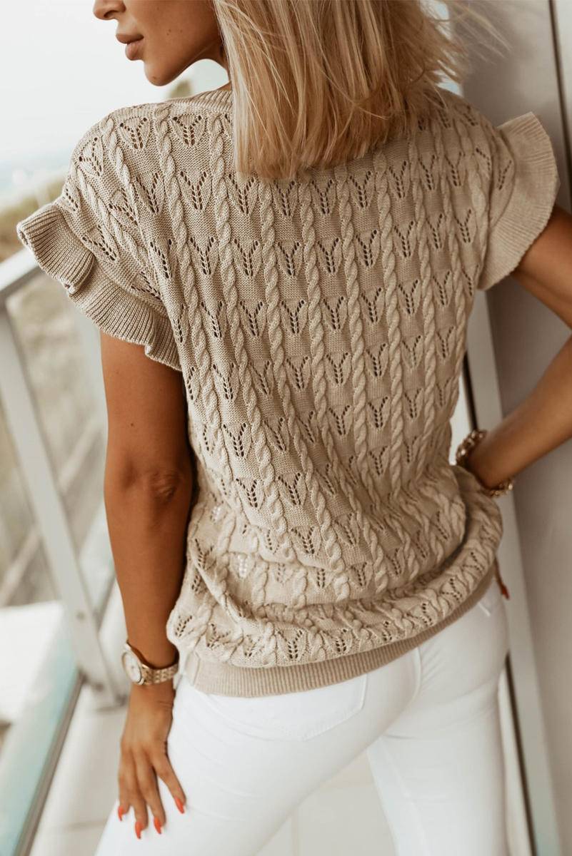 Ruffle Short Sleeves Cable Knit Textured Top