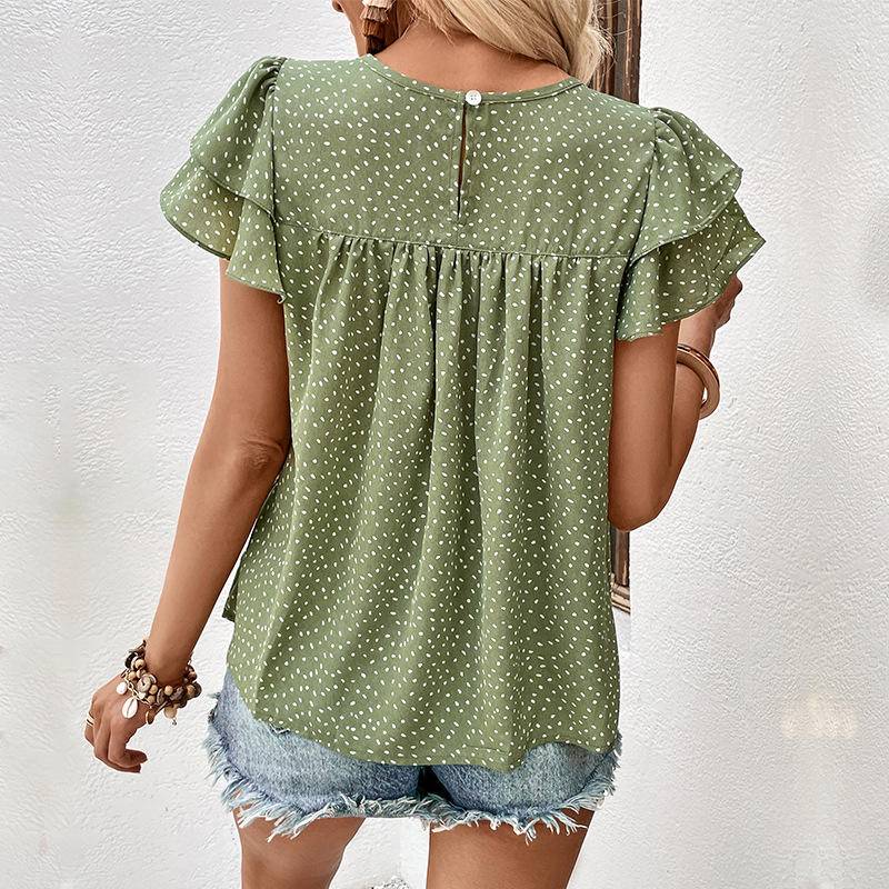 Polka Dot Round Neck Tiered Sleeve Blouse
