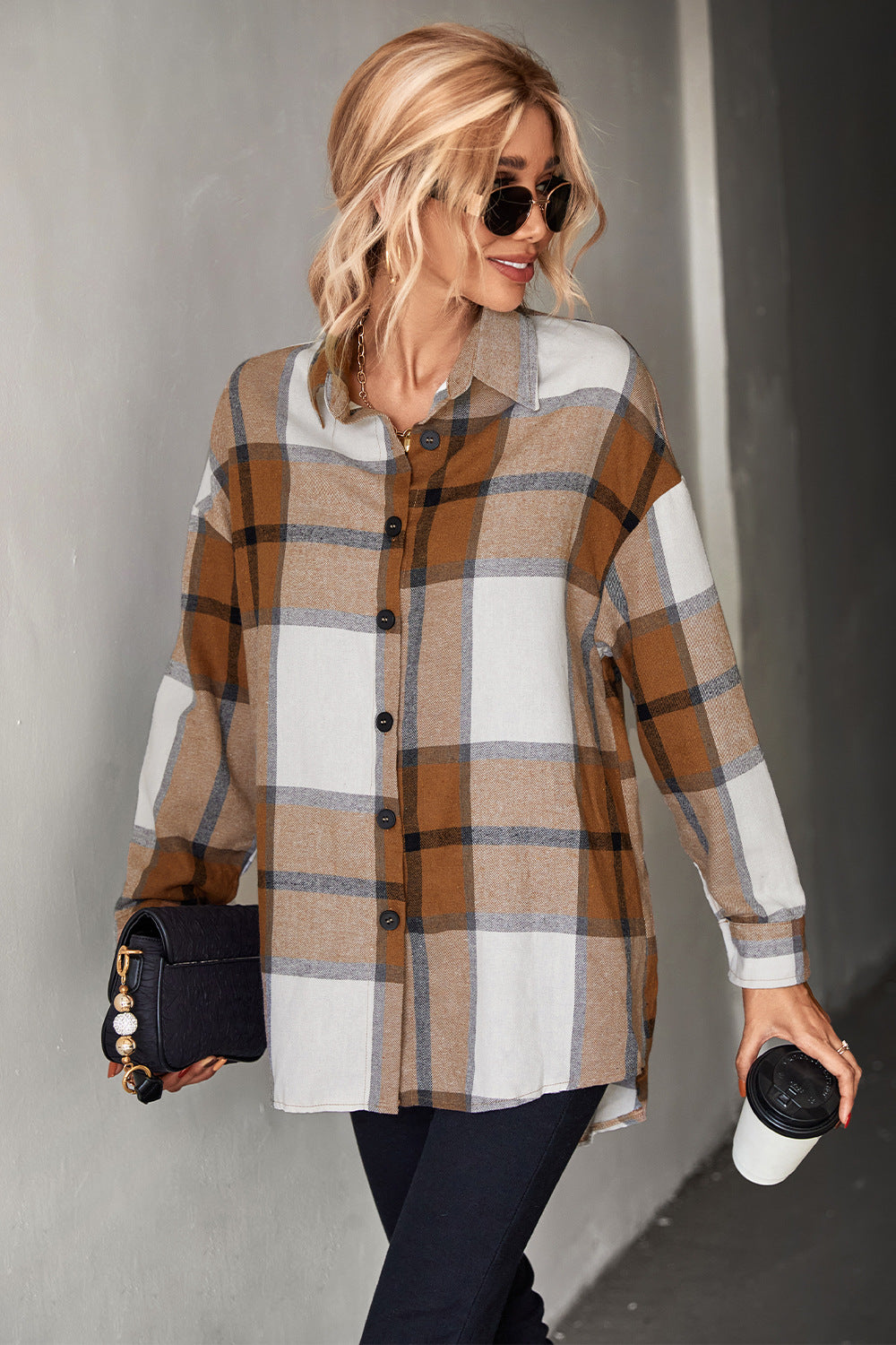 Plaid Collared Neck Longline Shirt